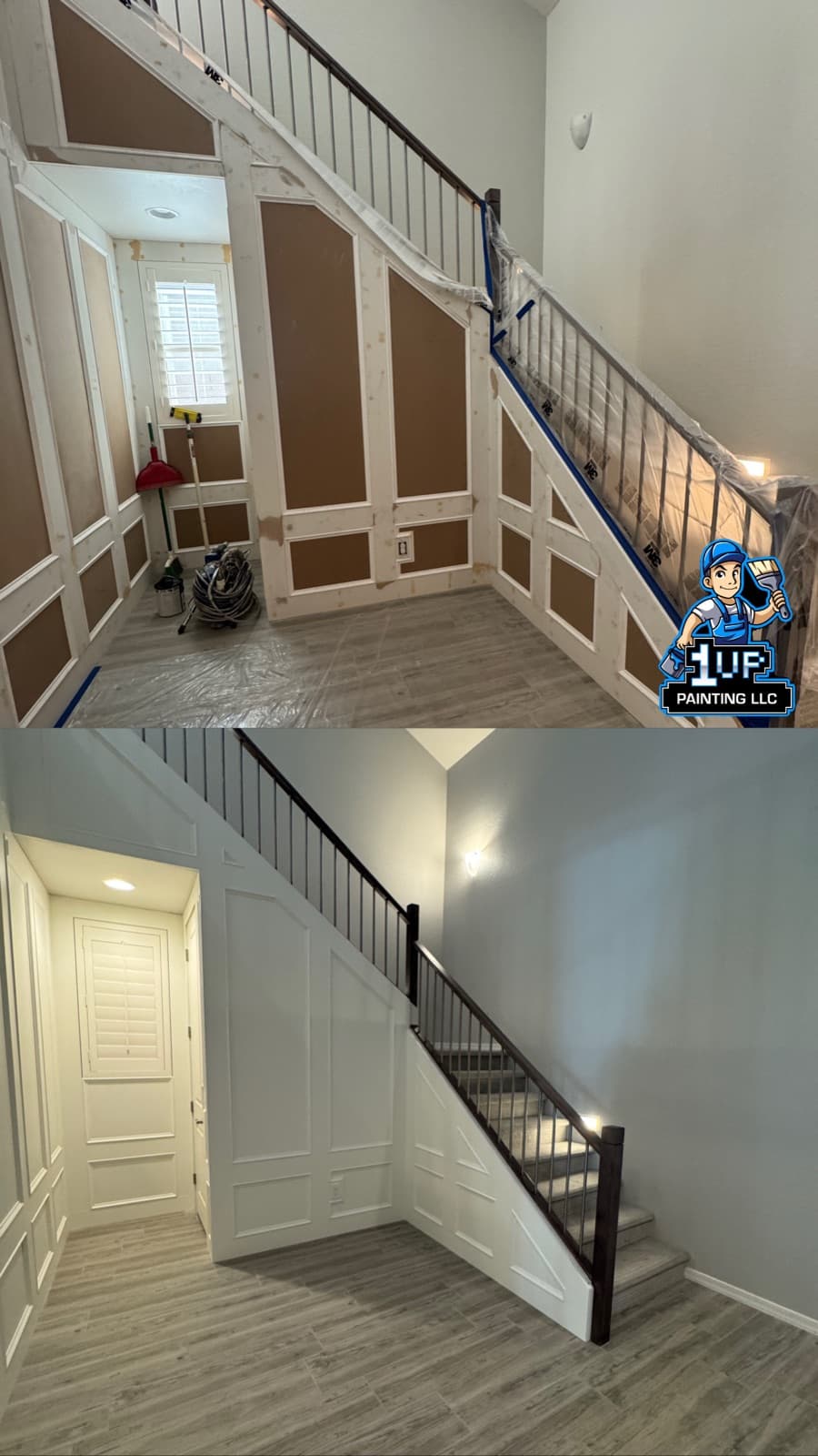 Staircase before-and-after: masked and papered mid-job, finished with white wainscoting and a black handrail