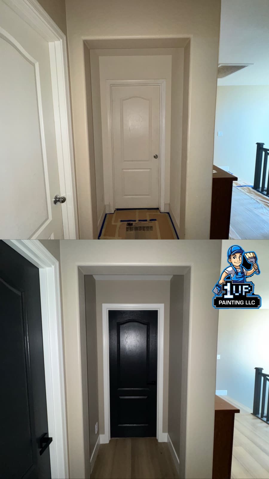 Hallway door before-and-after: white door refinished in black