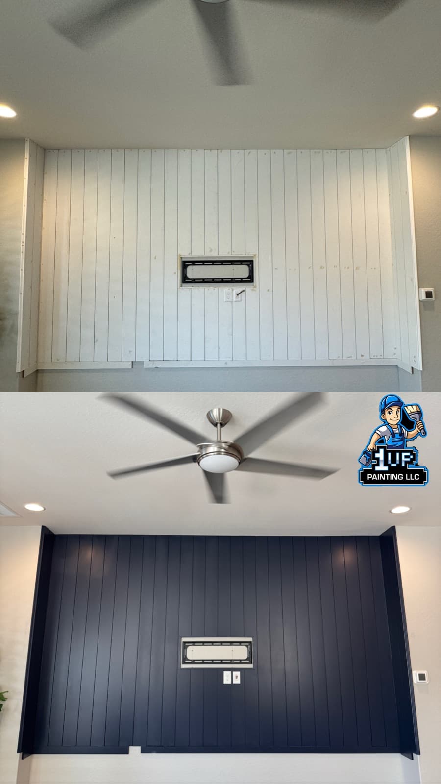 Bedroom shiplap wall before-and-after: white panels repainted deep navy