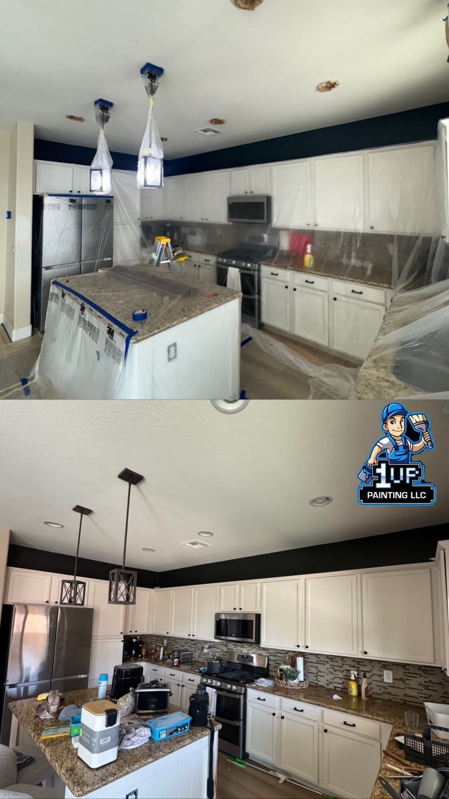 Kitchen before-and-after: masked mid-job, finished with white cabinets and a navy accent soffit